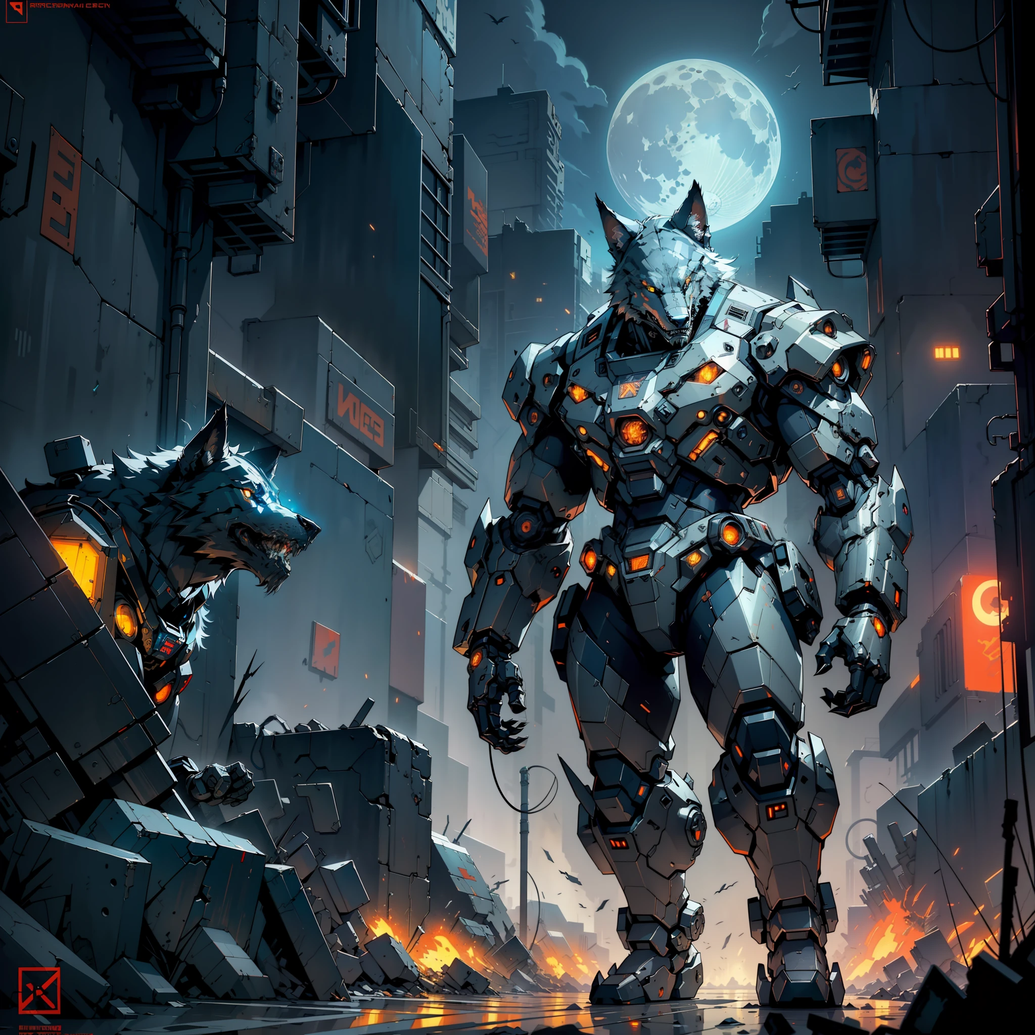 Cyberpunk, best quality, masterpiece, wolf mecha, unmanned, full body, wolf head, teeth, claws, mechanical marvel, strong, moon, ruined city, highest quality digital art, stunning art, wallpaper 4k, highly detailed, military robot, army, war zone, dynamic lighting, movie, epic, damaged mechanical parts