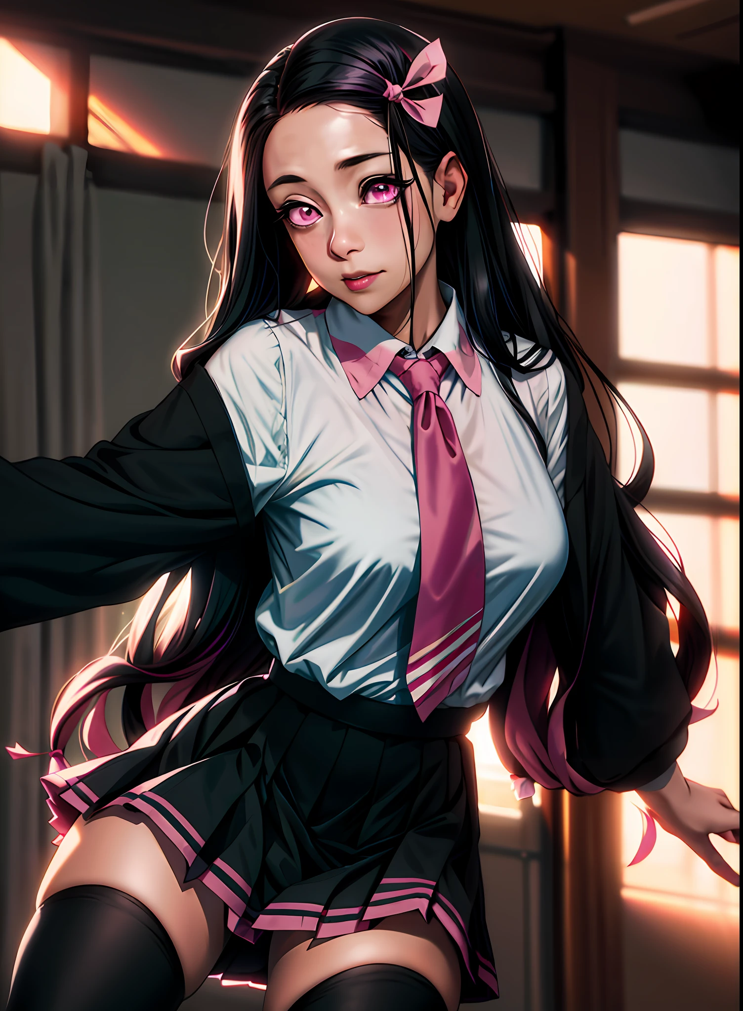 1girl, Kamado Nezuko, pink eyes, black hair, hair ribbon, pink ribbon, ribbon, long hair, multicolored hair, very long hair, bit gag, gag, full body, sexy posing, standing, looking at the viewer, (neckline: 0.5), (tie, schoolgirl, long sleeve shirt, black pleated skirt, socks), (class: 1.2), volumetric lighting, (depth of field: 0.65), erotica