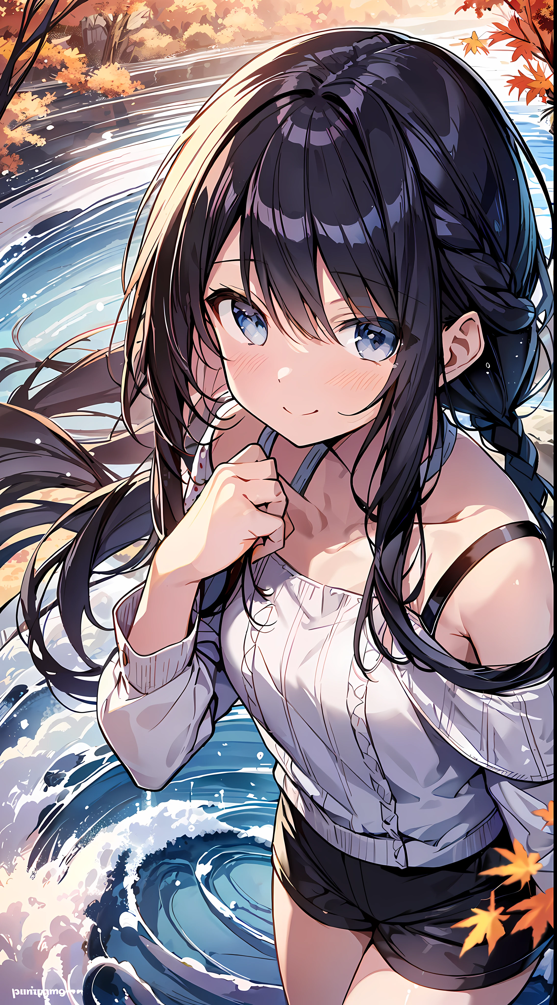 Top quality, masterpiece, ultra high resolution, 8k, (((autumn clothes, shirts, shorts)), shoujo manga style , one, soft line drawing, digital enhancement, shojo manga touch, shojo manga core, flowing fabric, close-up, (hair length to shoulders and short braids)), staring at us from the front, soft drawing, beautiful black hair, clear eyes, teasing smile, Ultra-detailed digital anime art, clear face depiction, ultra-detailed shoujo manga character art, ultra-detailed manga style, top quality colors, hand gestures, angle to see up to the feet, landscape with nature