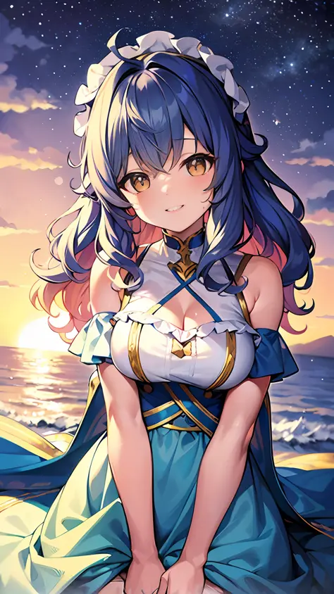 (Multi-Color Hair, Puffy Curly Hair: 1.4), with the sea of clouds in the background, the girl draped over her shoulders, a garland wrapped around her head, moonlight shining on her, waves rolling around her, she is riding on a sailboat, smiling, as if wavi...