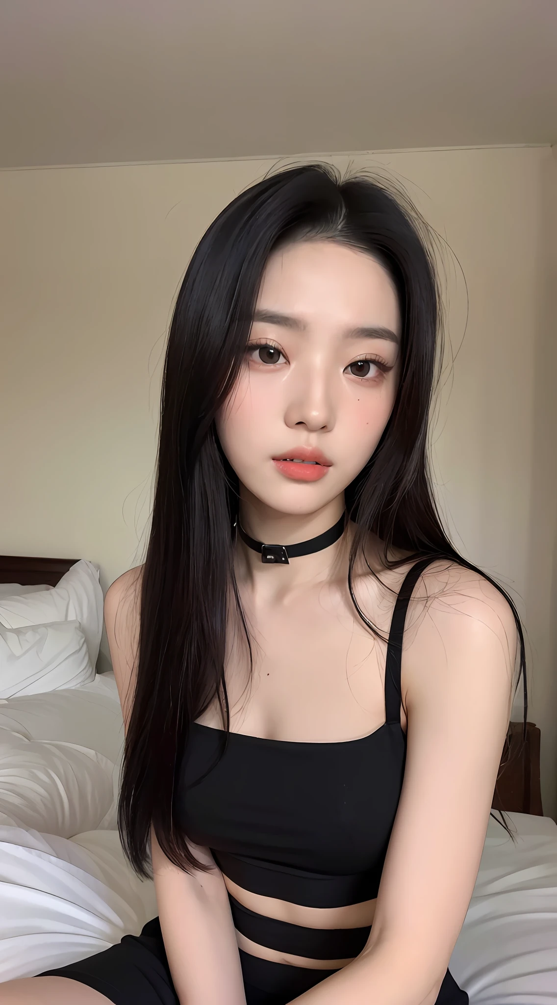 ((Top quality, 8k, Masterpiece: 1.3)), beauty, hidden face, 1 girl, beauty: 1.3, slender abs: 1.1, camisole , long black hair, (sitting on bed), ultra-detailed face, highly detailed lips, detailed eyes, double eyelids, collar, lewdness,