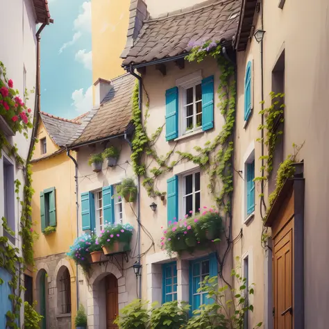 Make a sketch of an old colourful house, let it look like a drawing with colour pencils, make it French looking , romantic setting with flowers around and all in a narrow cobbled street --auto --s2