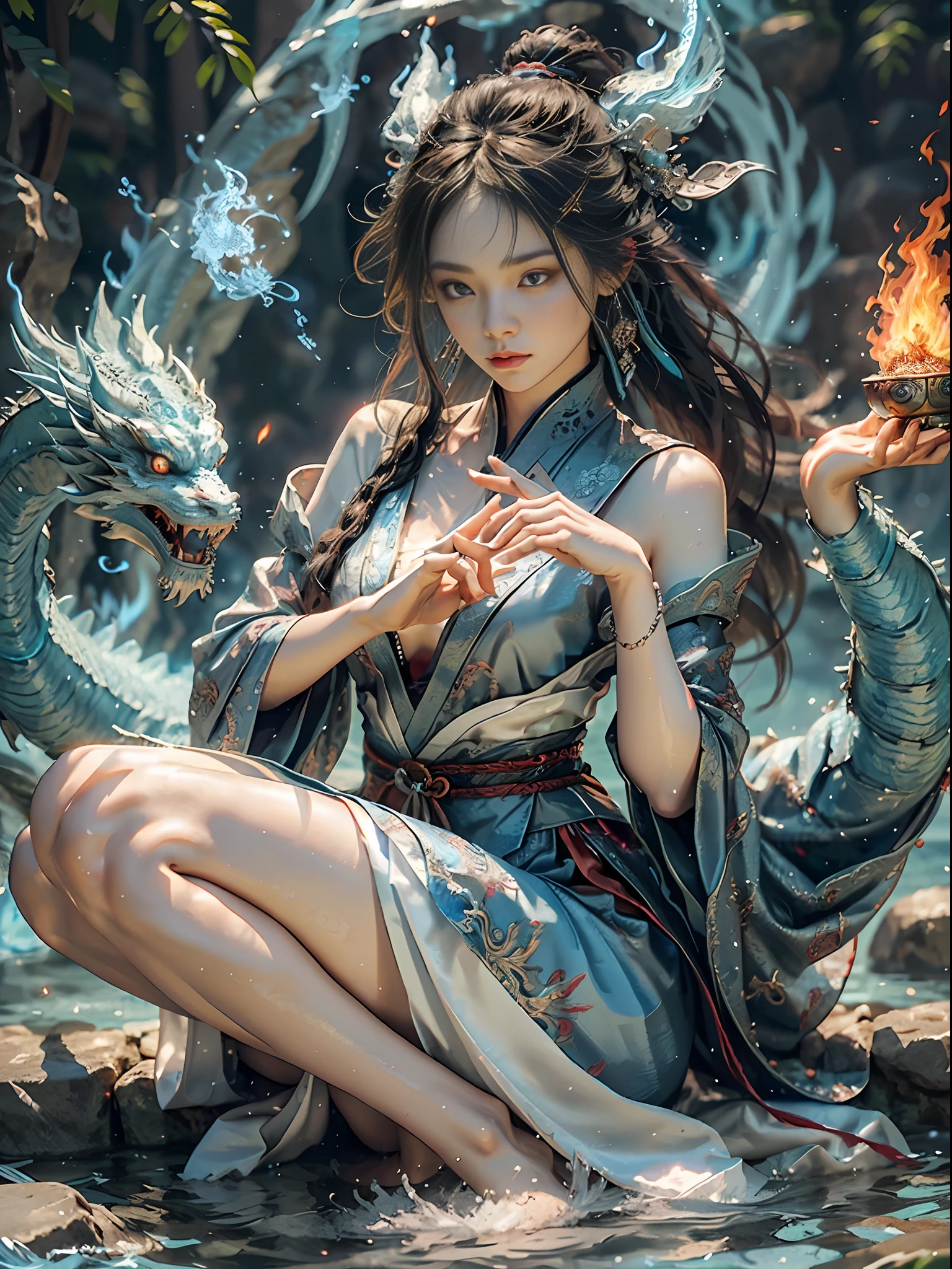 (delicada y preciosa seda brocada + cara delicada + Maquillaje femenino + mujer hermosa), metafísica taoísta, sentado con las piernas cruzadas en el agua, cultivando inmortales, un dragón azul en el lado izquierdo escupe una llama azul + el lado derecho yace sobre el dragón de fuego escupe llamas, (llama azul de la mano izquierda + llama roja de la mano derecha), fondo hielo y fuego diagrama de chismes alterno + efecto de movimiento), (yushui + yuhuo), tonos frios y calidos, el agua y el fuego son incompatibles, el yin y el yang armonizan, equilibrio izquierda y derecha, imagen de equilibrio de poder, formar una serie de chismes, ecos de la imagen, y su coordinación, dedos femeninos normales, La imagen está correctamente proporcionada, cuerpo completo