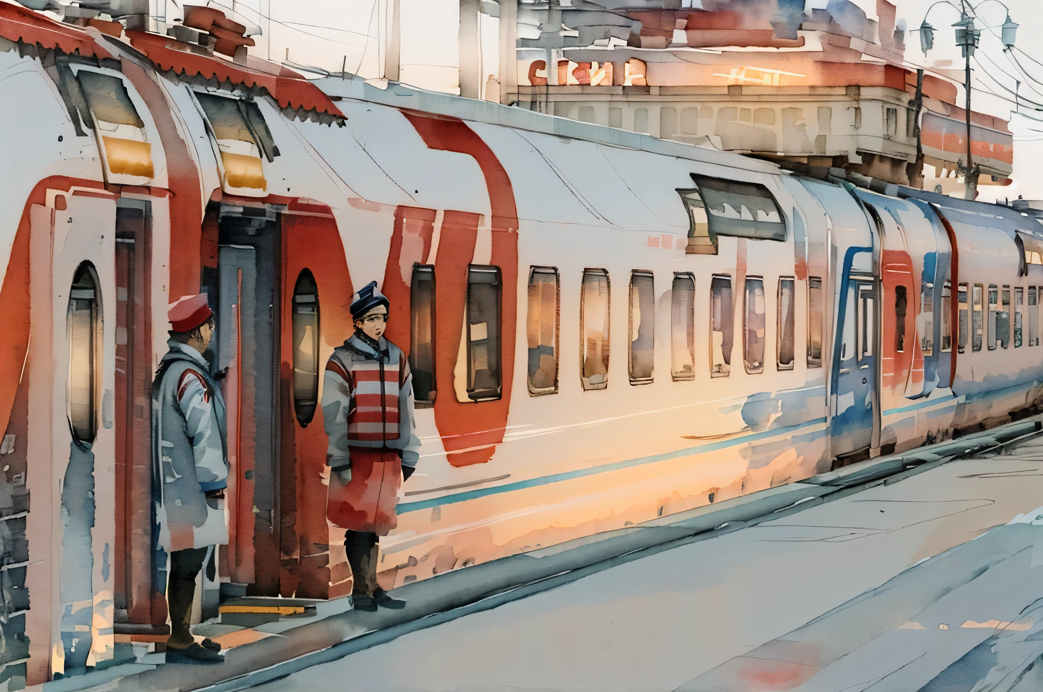 ( watercolor \(medium\), drawing, IrisCompiet:1.2),painting red and gray Russian electric train swallow stands on the tracks, conductors, landscape, sfw, railway, station, platform, beautiful, picturesque landscape, high detail train