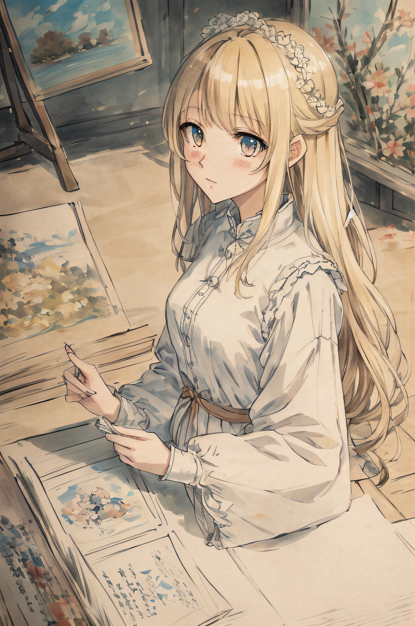 anime girl sitting at a table with a book and a magazine, beautiful anime portrait, marin kitagawa fanart, detailed anime art, zerochan art, blonde anime girl with long hair, beautiful anime art, beautiful anime artwork, portrait of an anime girl, japanese anime artist drawn, beautiful character painting, artbook artwork, high quality anime art, manga painting, portrait anime girl