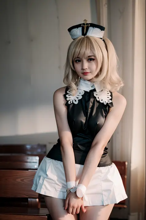 best quality, ultra high res, (photorealistic:1.4), 1girl, sleeveless black dress, studio, bare shoulders, cute, (Kpop idol), (aegyo sal:1), (platinum blonde hair:1), ((puffy eyes)), looking at viewer, facing front, smiling, laughing, nsfw, naked apron