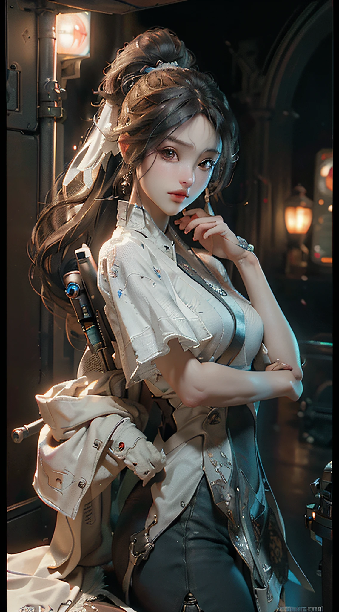 ((Best quality)), ((masterpiece)), (detailed:1.4), 3D, an image of a beautiful cyberpunk female,HDR (High Dynamic Range),Ray Tracing,NVIDIA RTX,Super-Resolution,Unreal 5,Subsurface scattering,PBR Texturing,Post-processing,Anisotropic Filtering,Depth-of-field,Maximum clarity and sharpness,Multi-layered textures,Albedo and Specular maps,Surface shading,Accurate simulation of light-material interaction,Perfect proportions,Octane Render,Two-tone lighting,Wide aperture,Low ISO,White balance,Rule of thirds,8K RAW,