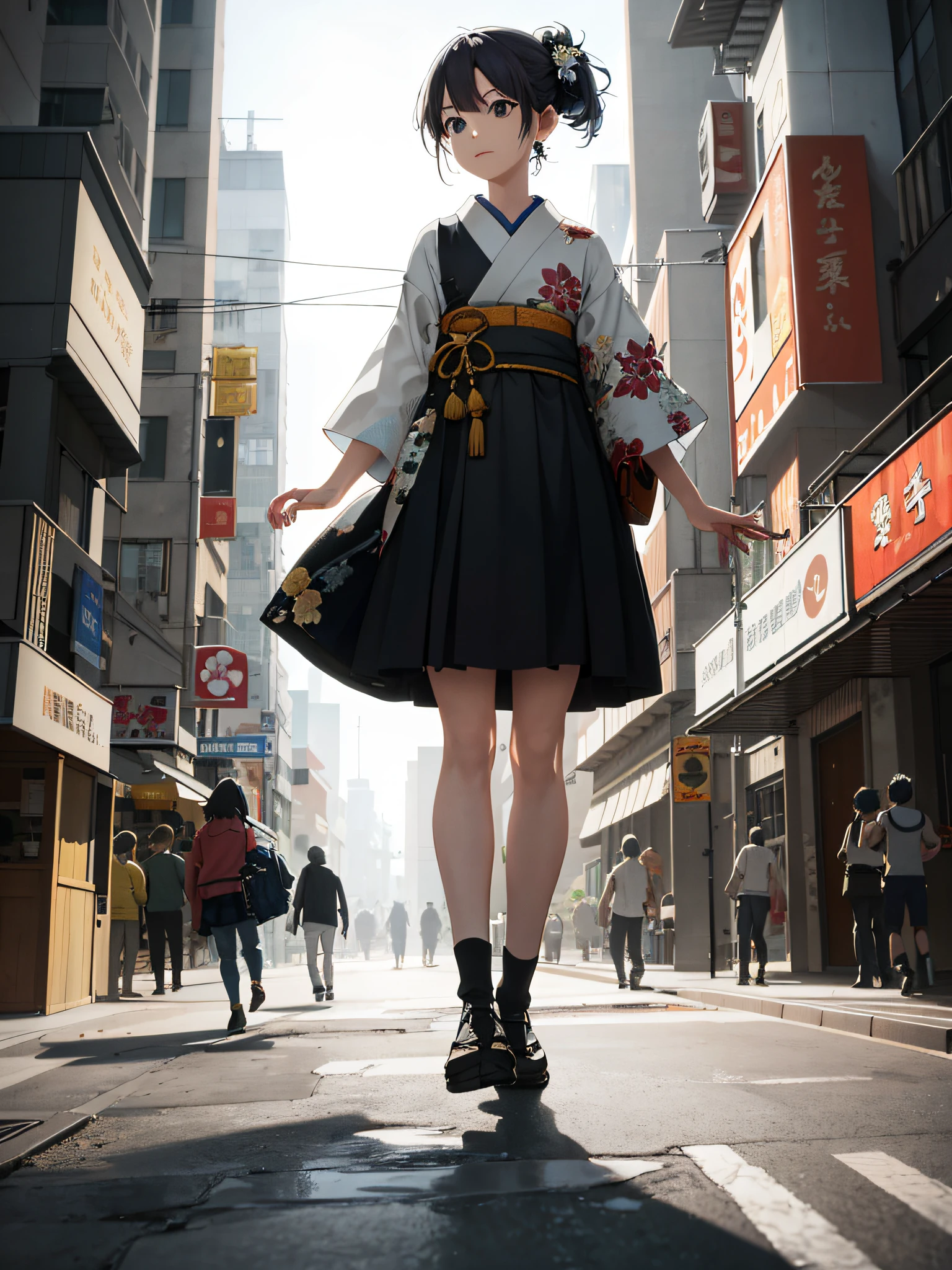 there is a woman in a kimono dress walking down a street, anime style. 8k, realistic anime 3 d style, anime style mixed with fujifilm, standing in a city center, standing in a city street, anime style 4 k, tokyo anime scene, photorealistic anime girl render, anime styled 3d, 3 d anime realistic