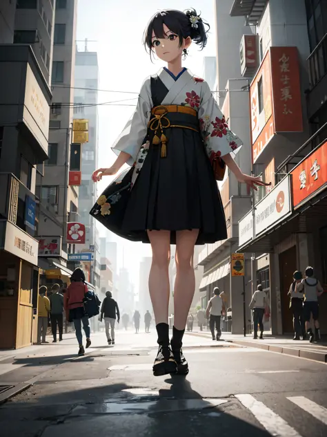 there is a woman in a kimono dress walking down a street, anime style. 8k, realistic anime 3 d style, anime style mixed with fujifilm, standing in a city center, standing in a city street, anime style 4 k, tokyo anime scene, photorealistic anime girl rende...