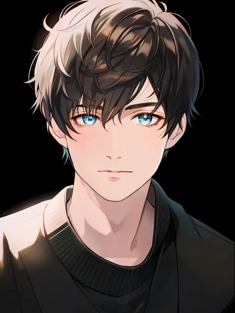 Crying, anime boy with black hair and green eyes staring at camera, cute lifelike portrait, semi-realistic anime, detailed anime...