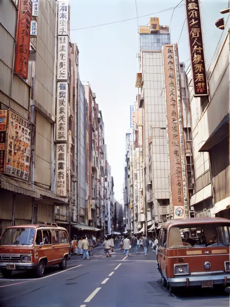 There are a lot of cars and people on the city streets, Japan 1980s, downtown Japan, streets of Tokyo, streets of Japan, vintage...