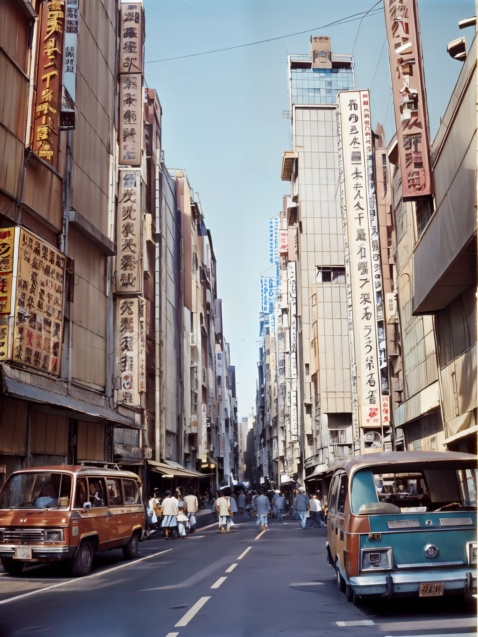 There are a lot of cars and people on the city streets, Japan 1980s, downtown Japan, streets of Tokyo, streets of Japan, vintage footage of streets of Tokyo, streets of Tokyo set in 1982, streets of Tokyo, photos of Japan in the 80s, streets of Japan, in the streets of Tokyo, Kodachrome : : 8 k, vintage photo, 1970s print