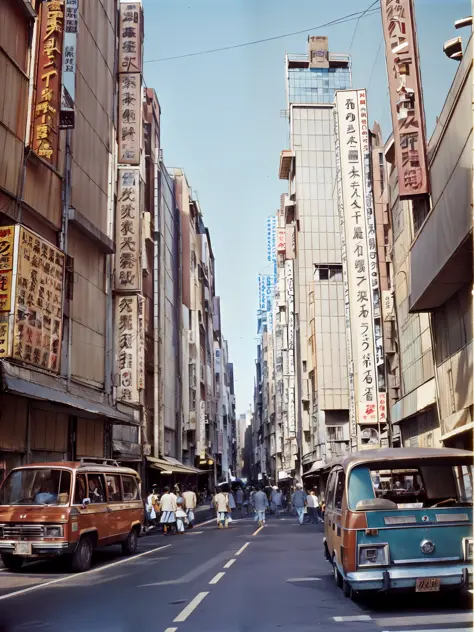 There are a lot of cars and people on the city streets, Japan 1980s, downtown Japan, streets of Tokyo, streets of Japan, vintage...