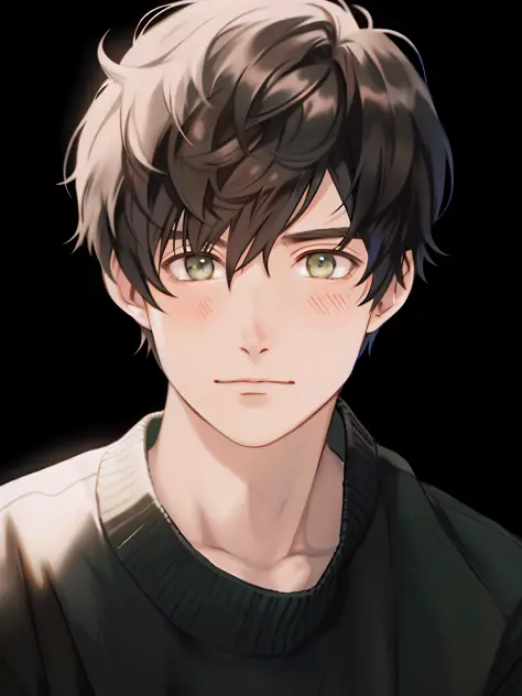 Chagrined, anime boy with black hair and green eyes staring at camera, cute realistic portrait, semi-realistic anime, detailed a...