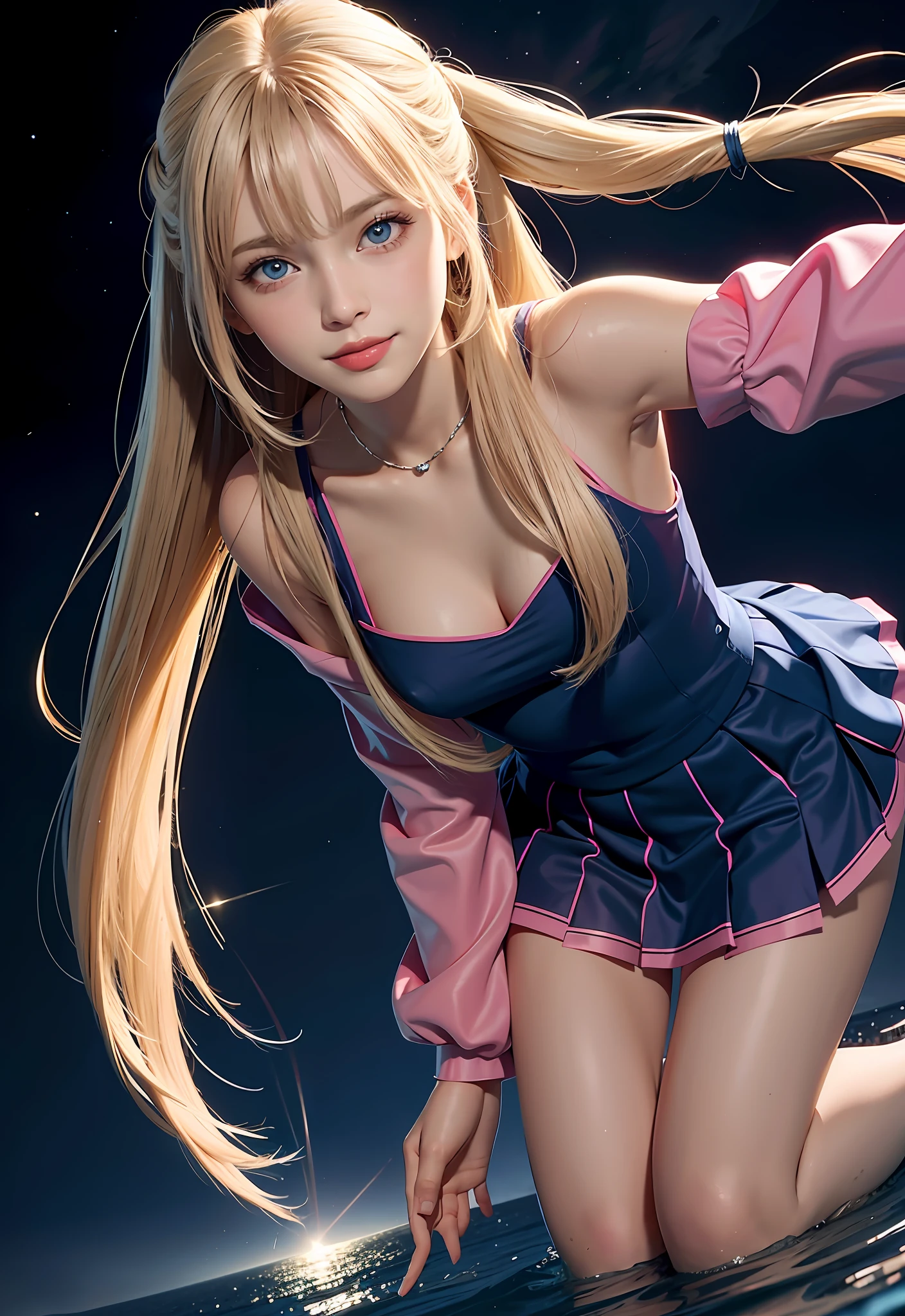 Bust shot, pink sailor suit, uniform, very beautiful Swedish 16 year old beautiful girl, shiny dazzling glossy skin, smile, beautiful bangs, very long and straight silky beautiful platinum blonde, super long straight hair, eyeliner, small face, big, beautiful shining transparent marine blue eyes, beautiful and bright girl, on all fours