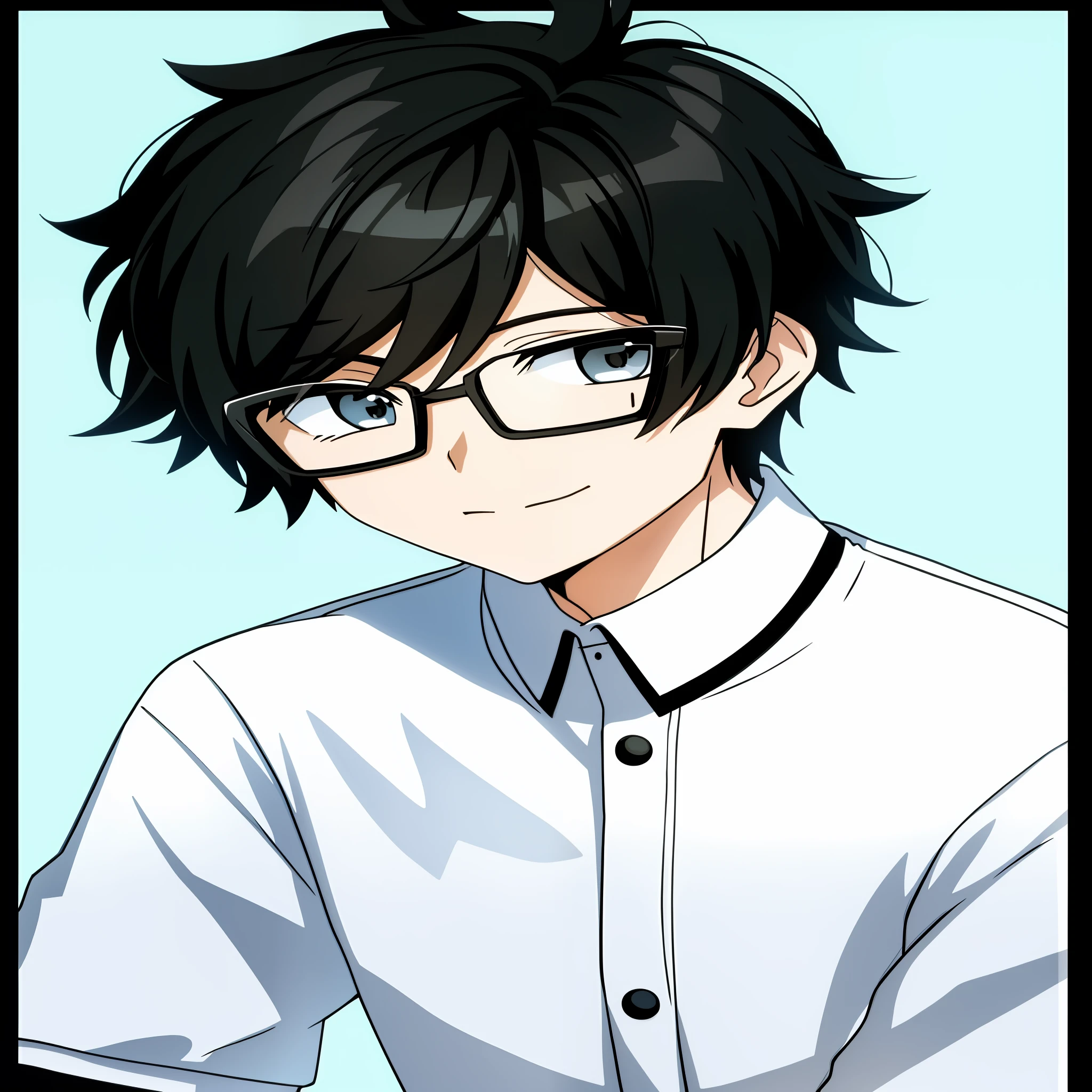 Lunettes de cheveux noirs dans un avatar de garçon d’anime de t-shirt blanc, style artistique anime moe, homme de grande taille aux yeux noirs