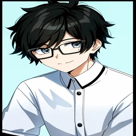 black hair glasses in white t-shirt anime boy avatar, anime moe art style, tall man with black eyes