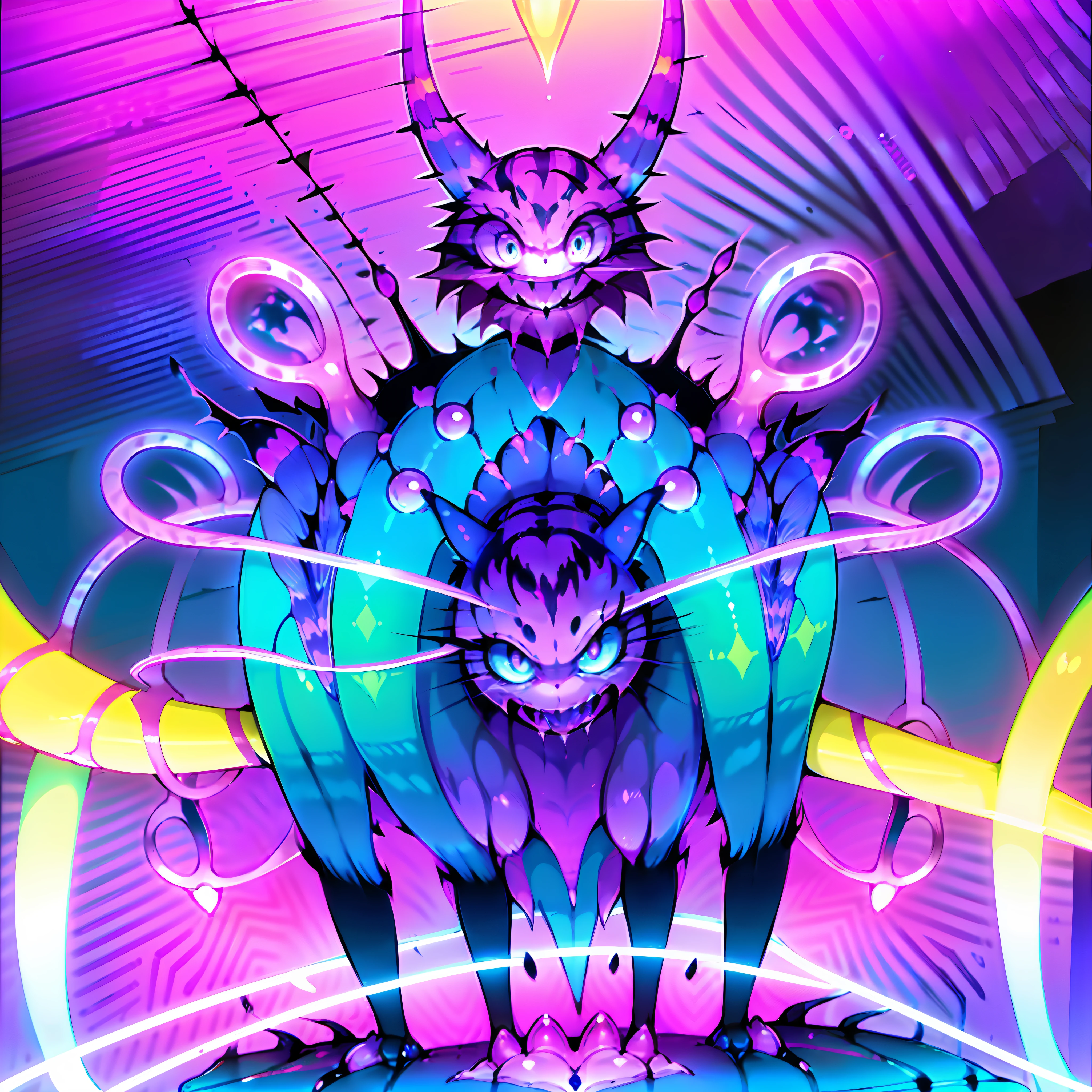 (one cheshire cat:1.3), (wonderful:1.05), (mutant:1.1), (wide mouth), (Brightly-Blue eyes), glowing neon-purple fur, neon striped tail, mischievous, sinister, (creepy), (Abstract color background), neon lines on the background, sharp focus, (glowing purple fire on background), (full body), udr, 4k, (no human:1.65), (non-human:1.65), (no humans:1.65), (no people:1.65)