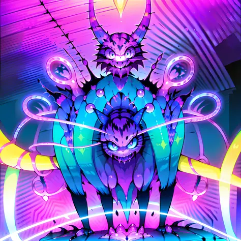 (one cheshire cat:1.3), (wonderful:1.05), (mutant:1.1), (wide mouth), (Brightly-Blue eyes), glowing neon-purple fur, neon stripe...