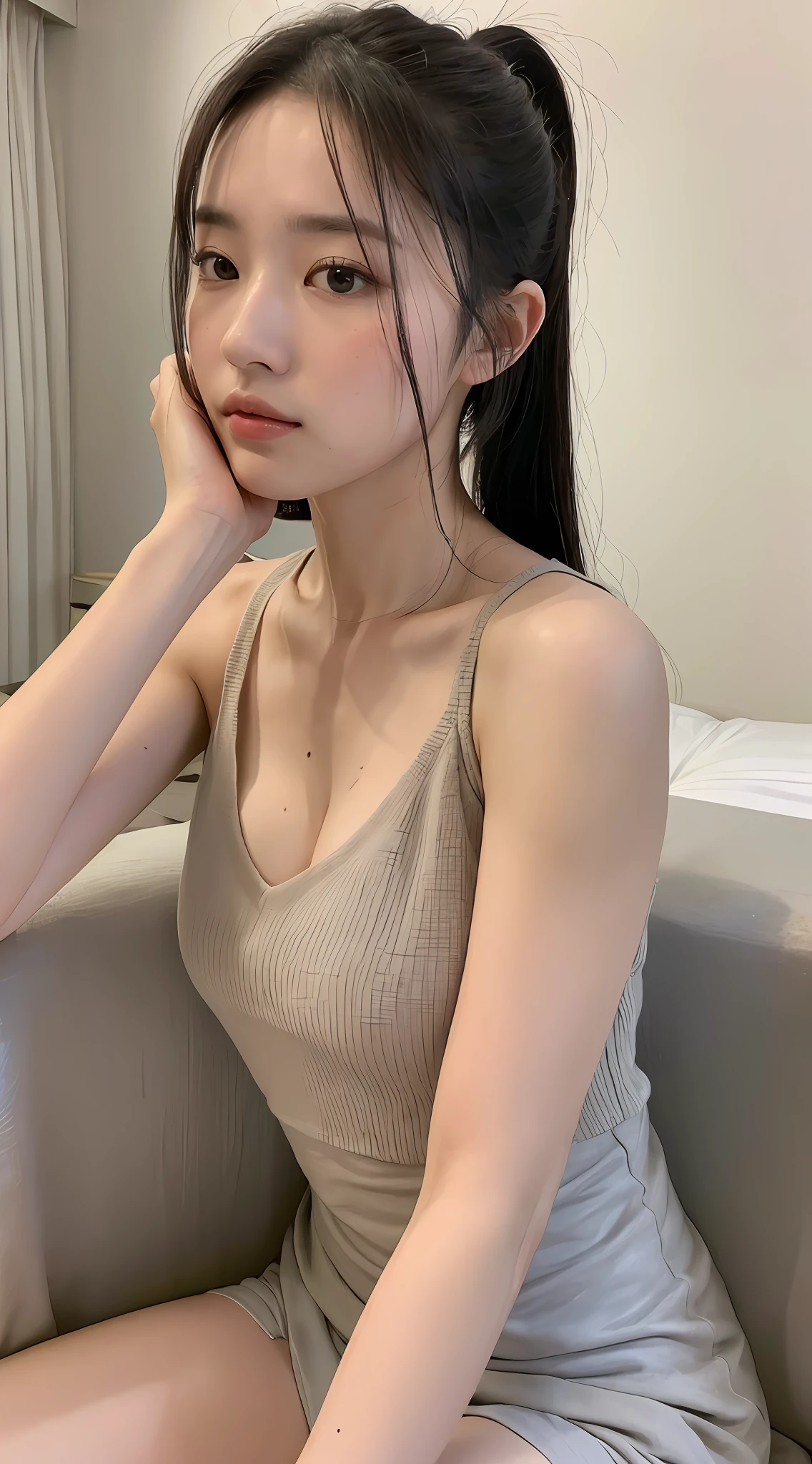 ((Top quality, 8k, Masterpiece: 1.3)), beauty, hidden face, 1 girl, beauty: 1.3, slender abs: 1.1, camisole vest, double ponytail, (sitting on bed), ultra-detailed face, highly detailed lips, detailed eyes, double eyelids, exposed cleavage,