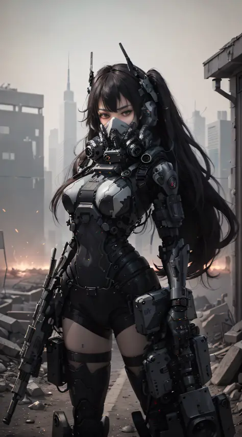 This is a CG Unity 8k wallpaper with ultra-detailed, high-resolution and top quality in cyberpunk style, dominated by black and red. In the picture, a beautiful girl with long hair with white messy hair, a delicate face, wearing a steam mecha mask, standin...