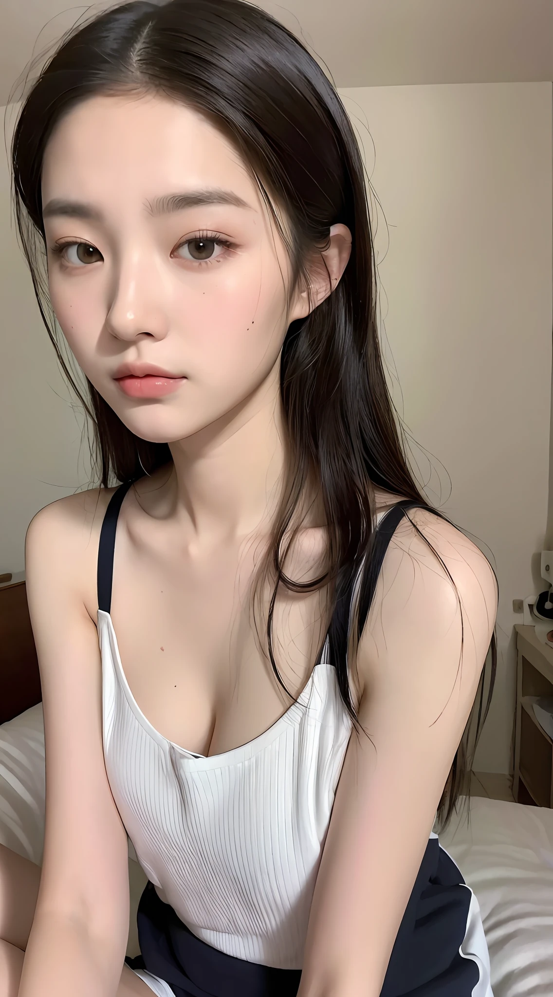 ((Top quality, 8k, Masterpiece: 1.3)), beauty, hidden face, 1 girl, beauty: 1.3, slender abs: 1.1, camisole vest, random hairstyle, (sitting on bed), ultra-detailed face, highly detailed lips, detailed eyes, double eyelids, exposed cleavage,