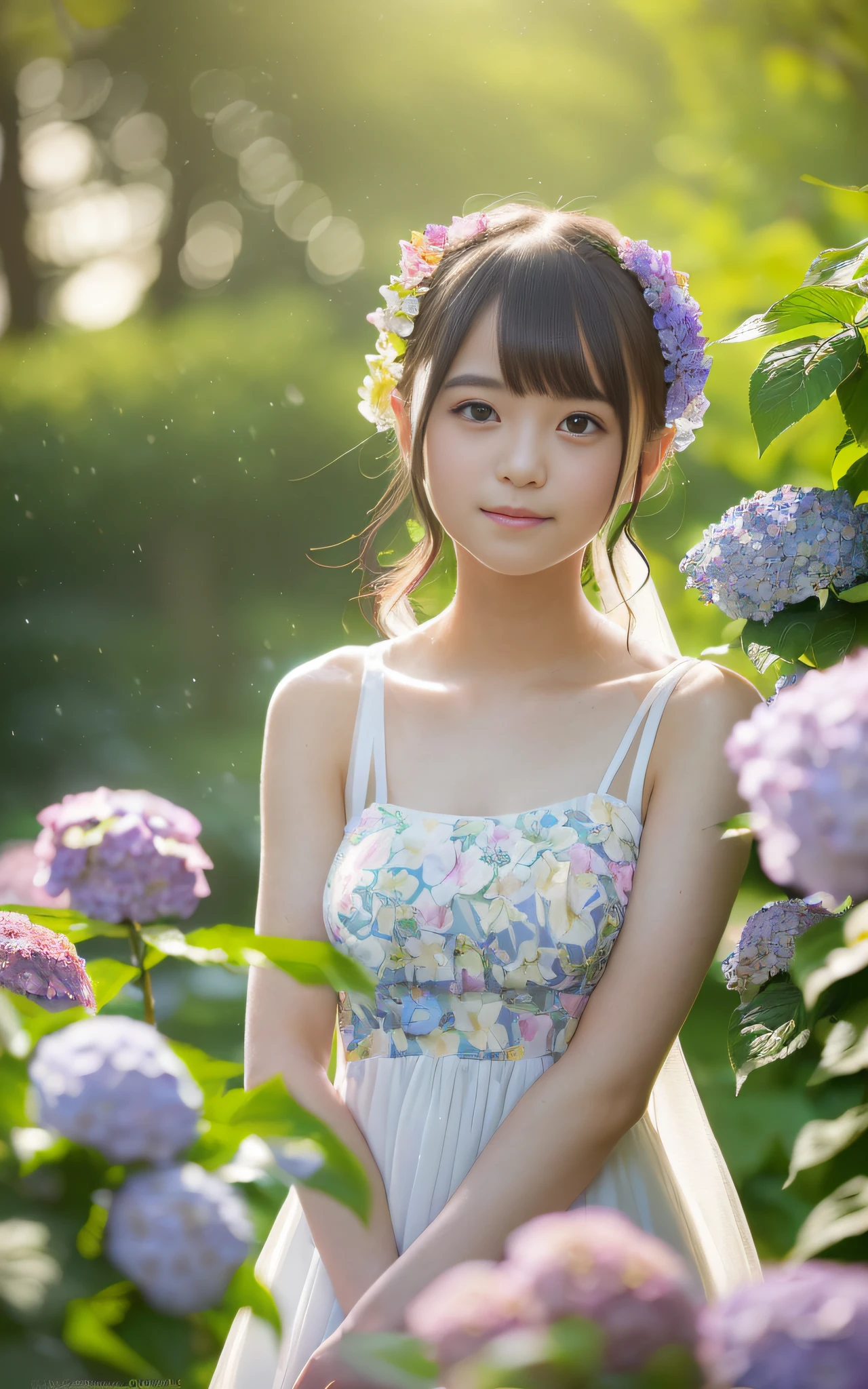 20 years old, twilight rays, wedding dress, corolla, (((Tokugawaen)), hydrangea front bokeh, bokeh, photorealistic, surrounded by hydrangeas, background dark, smiling, (one girl), (sunset: 1.3), (8k, raw photography, best quality, masterpiece: 1.2), (realistic, photorealism: 1.37), best quality, ultra high resolution, (focus plane: 1.8), ( Portrait: 1.7), (Intense:1.1), (Details:1.1), (Highest Quality), (Analog:1.2), (High Sharp), Canon EOS R Photography, (Summer Dress:1.4), (Standing in a Flower Garden:1.3), (Vivid and Colorful:1.3)