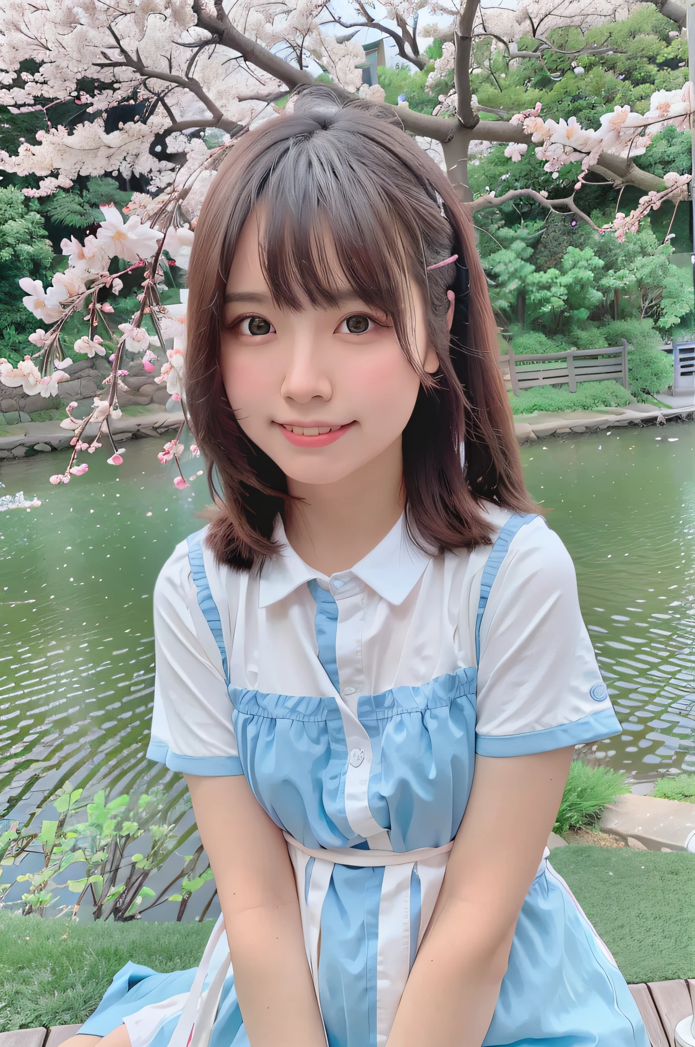 best quality, ultra high res, (photorealistic:1.4),blush,cute,(detailed face),light smile, 
looking at viewer,
upper body, japanese clothes, 
sunny,river,(cherry blossoms),blue sky,