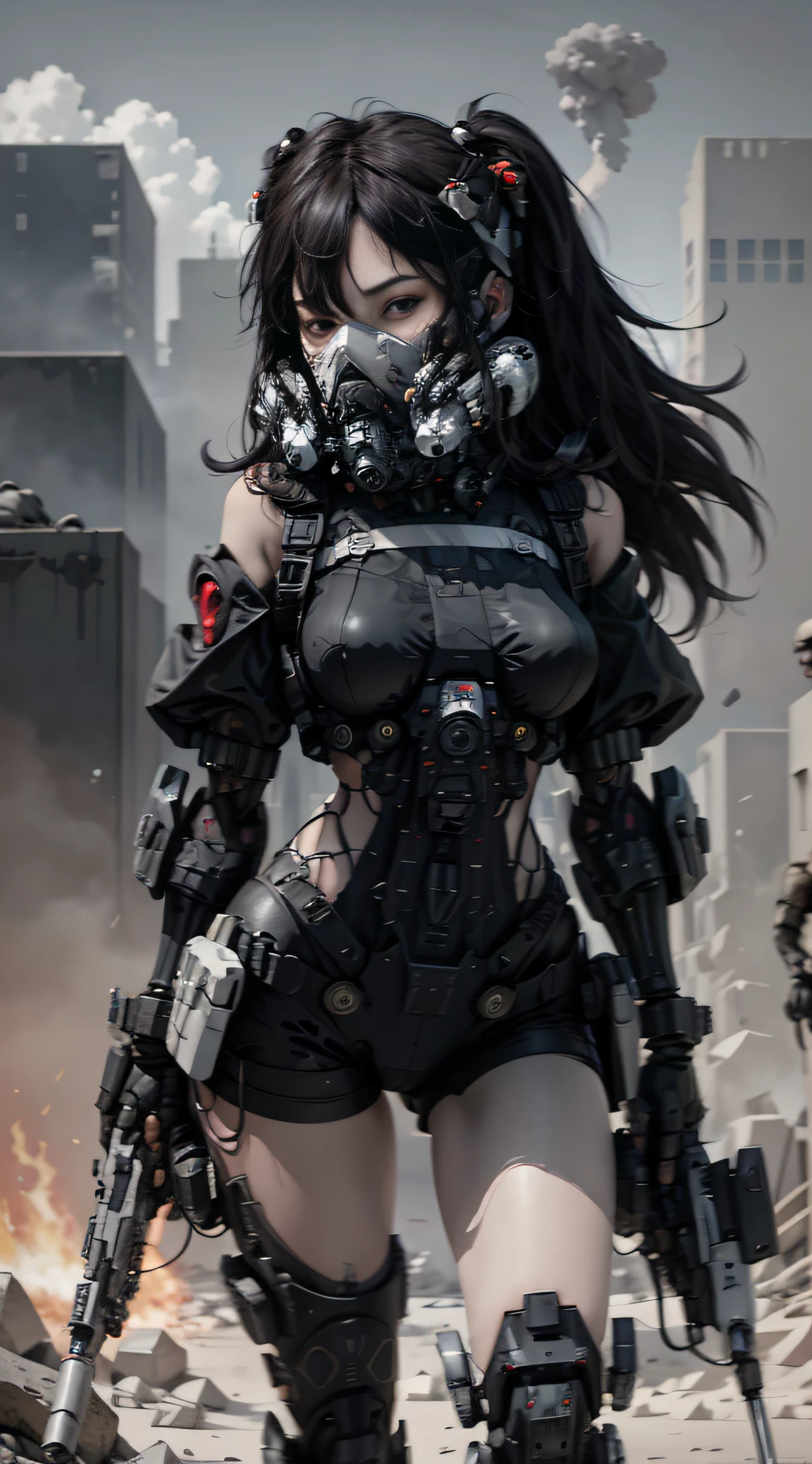 这是一张具有超精细细节的 CG Unity 8k 壁纸, 赛博朋克风格的高分辨率和顶级品质, 以黑色和红色为主. 图片中, 一个美丽的女孩，有一头凌乱的白色短发, 一张精致的脸, 戴着蒸汽机甲面具, 站在废墟上, (战损: 1.5), 一名女子手持重型狙击步枪的动作,
