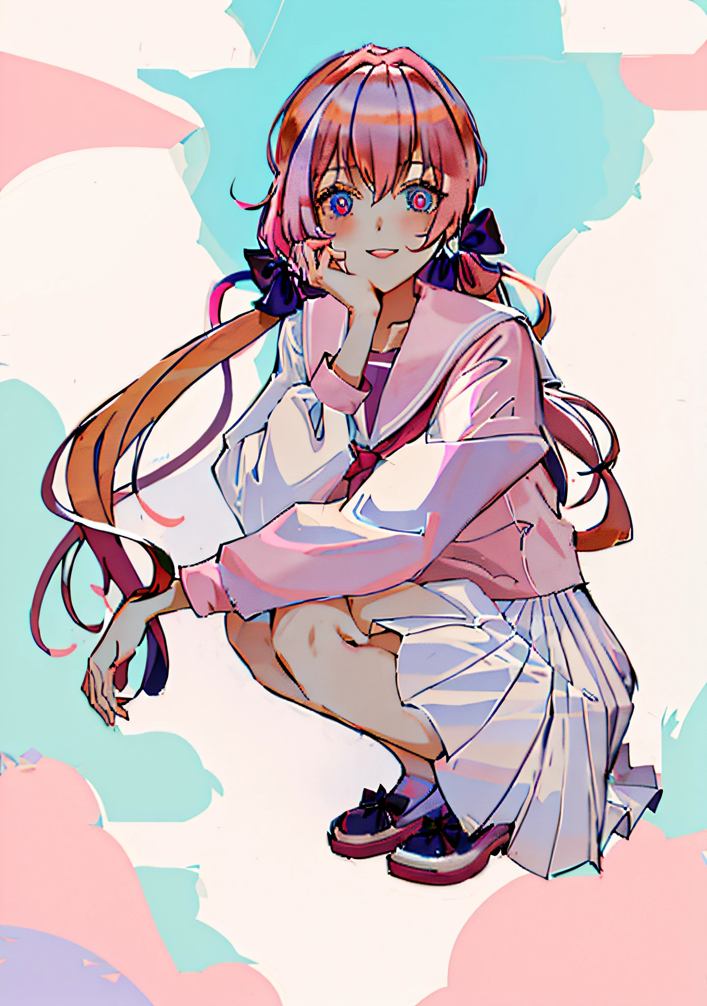 Masterpiece, Ultra HD) 1 girl, sailor suit)), school uniform, squat, (pink hair)), hair bow, pink pupils, gradient eyes), smile, anime, anime style, high resolution