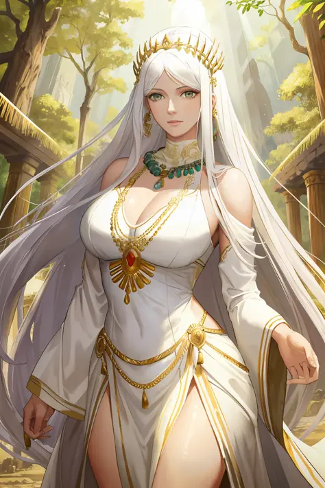 (masterpiece, best quality), 1girl, mature female, breasts, long white hair, white clothes, bare shoulder, ancient mesoamerica clothes, green eyes, light smile, tall figure, hair ornament, necklace, jewelry, divine, godlike, goddess, immortal, cowboy shot,...