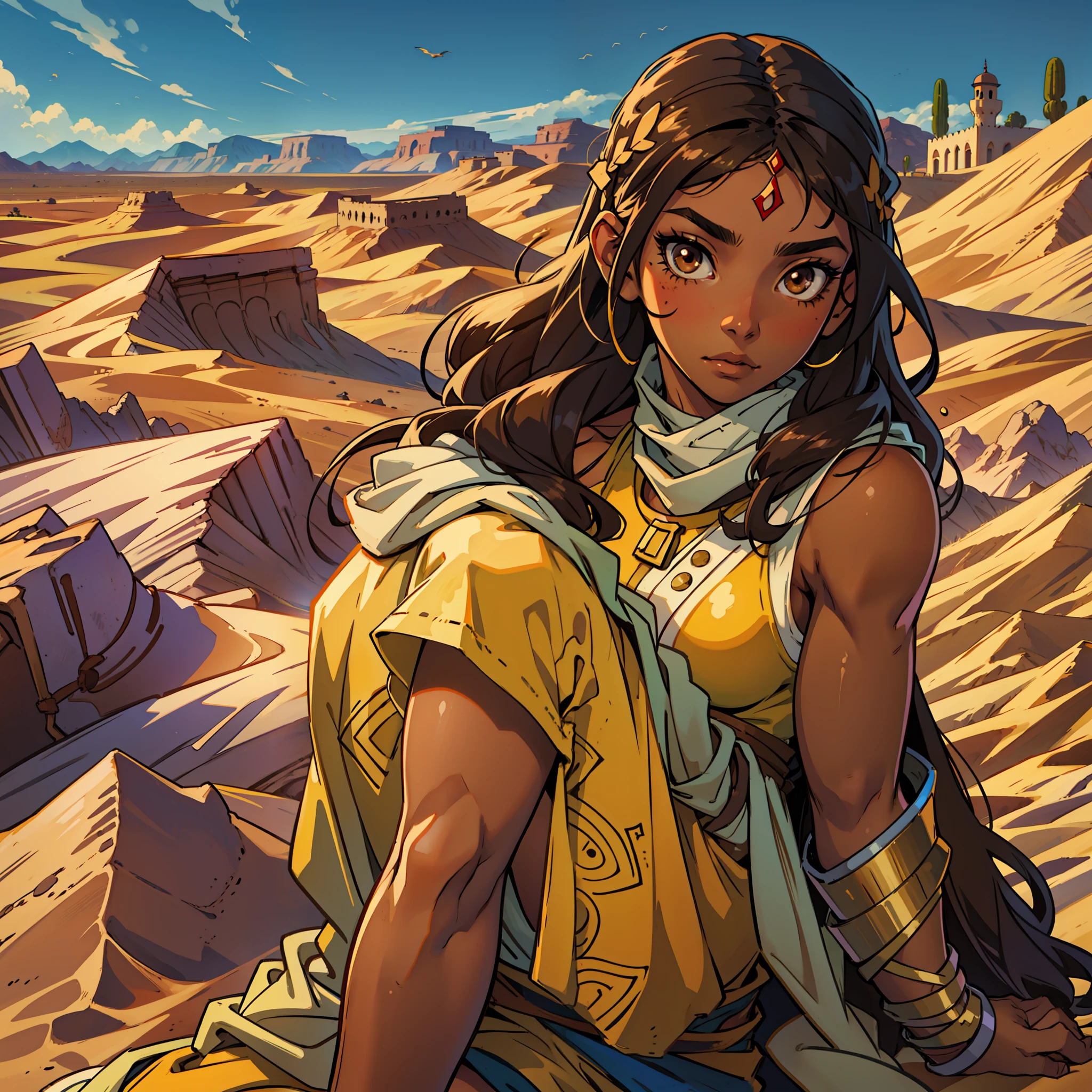 Menina anime árabe com nariz grande e cabelo escuro, no deserto, Olhos castanhos, pele bronzeada