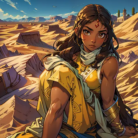 Arabic anime girl with big nose and dark hair, in desert, brown eyes, tan skin --auto --s2
