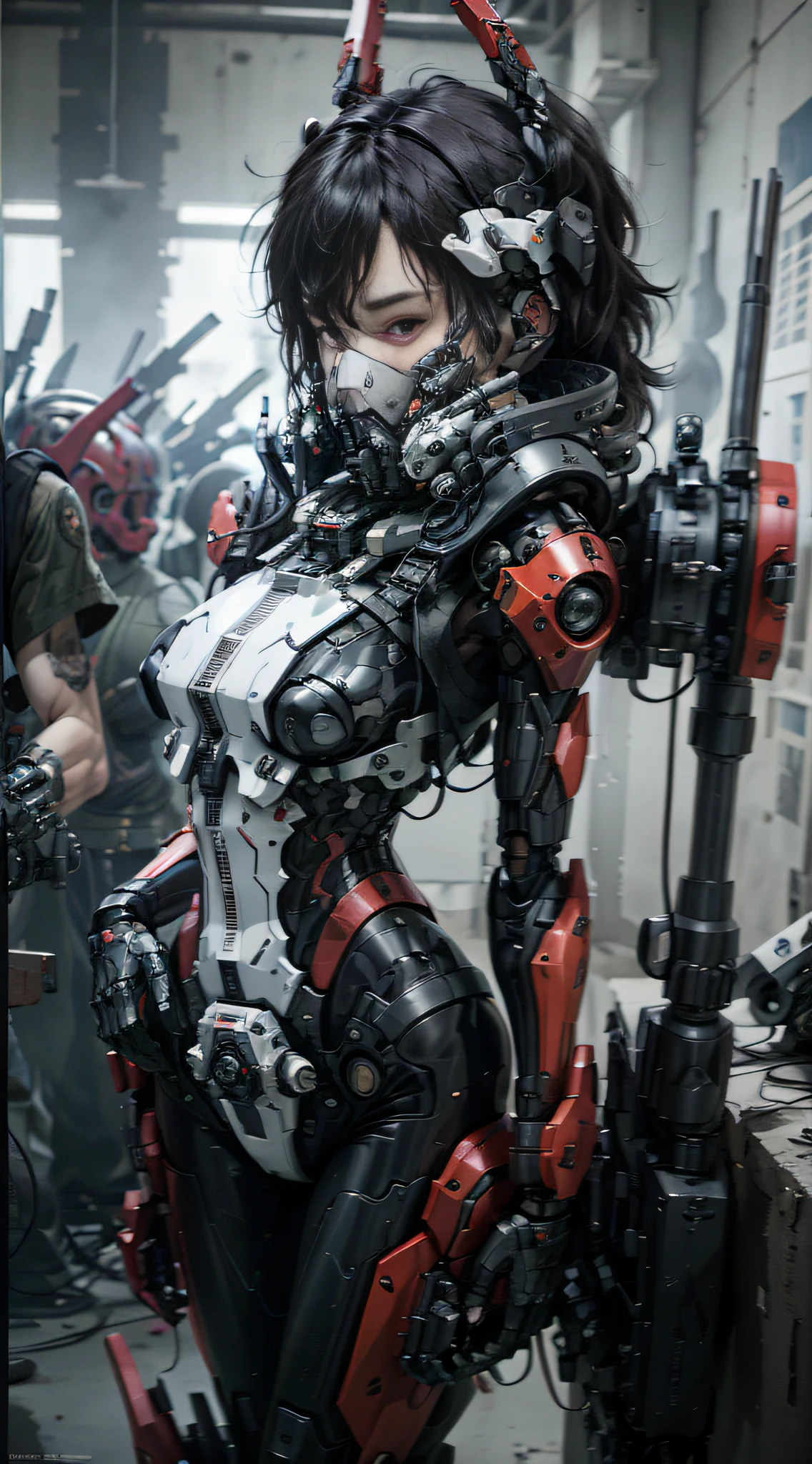 Este é um papel de parede CG Unity 8k com ultra-detalhado, alta resolução e qualidade superior no estilo cyberpunk, dominado por preto e vermelho. Na foto, uma linda garota com cabelo curto e branco bagunçado, um rosto delicado, usando uma máscara de vapor mecha, de pé sobre as ruínas, (dano de batalha: 1.5), A ação de uma mulher segurando um rifle de precisão pesado na mão,