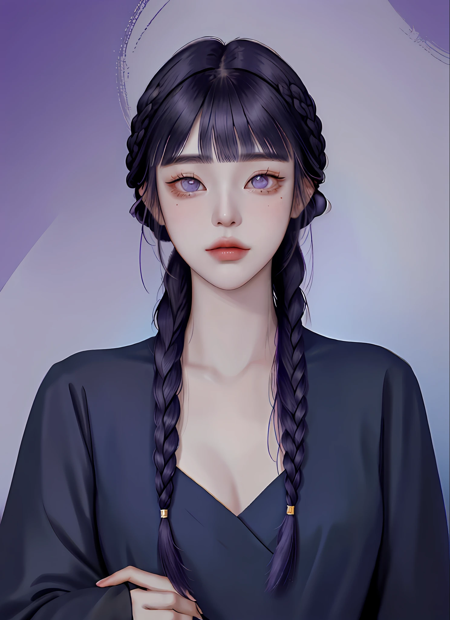 woman, portrait, masterpiece, painting, korean hair style, long hair, hair bun, braids, professional hair stylist, gorgeous hair, abstract background, purple eyes, dark blue hair, ((blunt bangs))