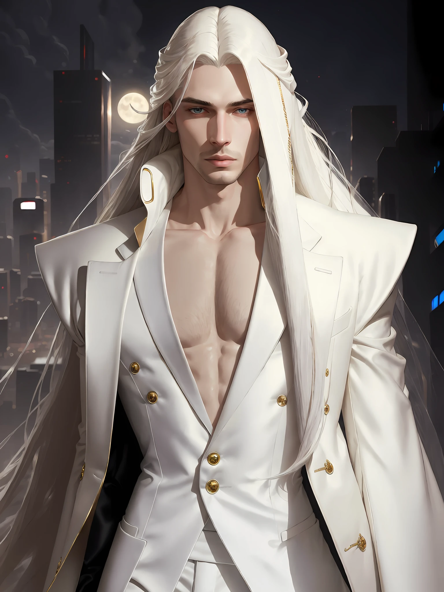 masterpiece, highest quality, (solo focus), (perfect face:1.1), (high detail:1.1),dramatic, 1guy, (pale skin), long white hair, white eyes, [light eyebrows], solo, long hair, moon, night, white luxury suit, covered navel, pouty lips, covered, futuristic city, detailed background, art by artgerm and greg rutkowski,  cinematic lighting, roses, fashion, balenciaga, Alexander McQueen