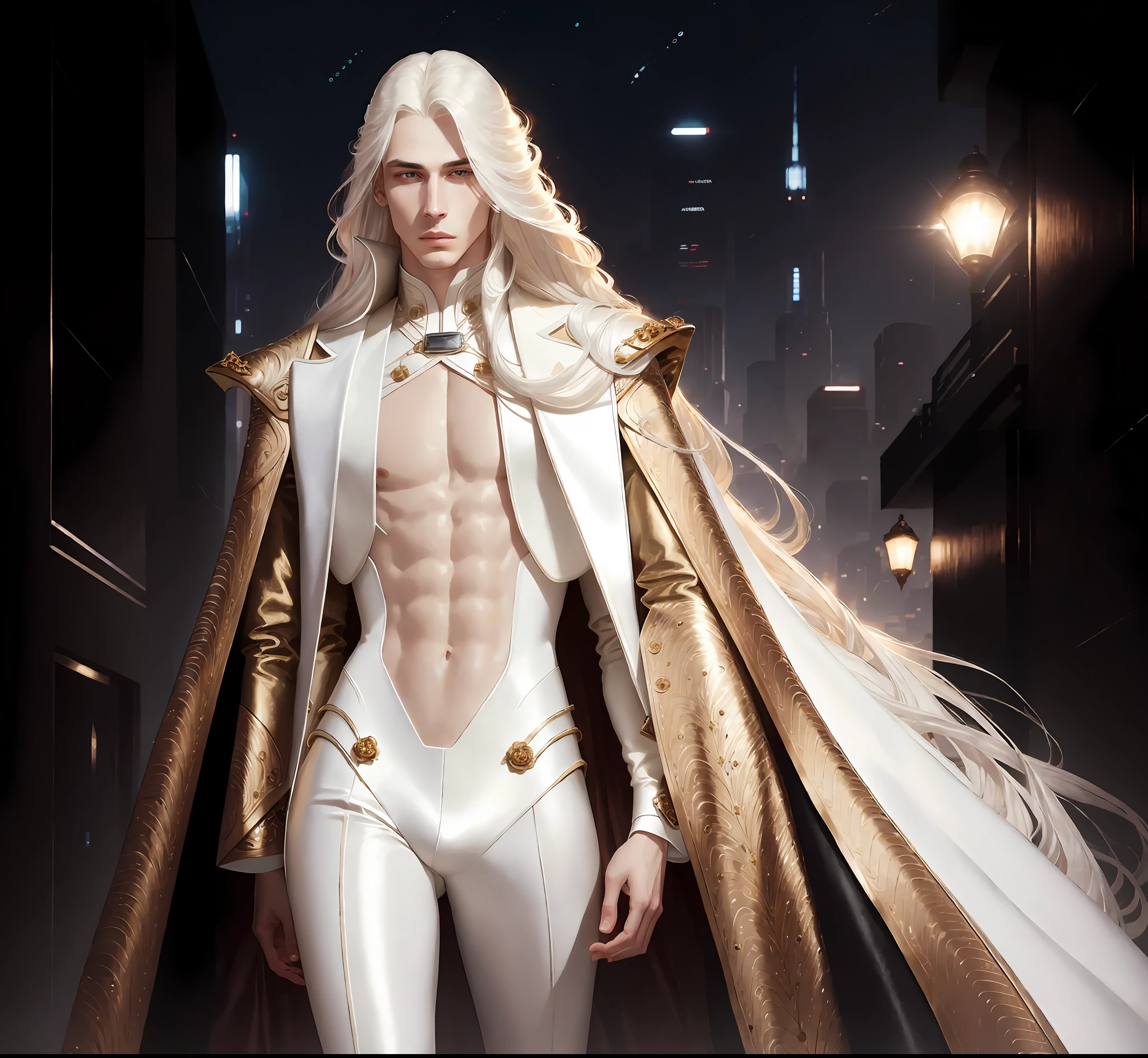 masterpiece, highest quality, (solo focus), (perfect face:1.1), (high detail:1.1),dramatic, 1guy, (pale skin), long white hair, white eyes, [light eyebrows], (solo), long hair, moon, night, white luxury suit, covered navel, pouty lips, covered, futuristic city, detailed background, art by artgerm and greg rutkowski,  cinematic lighting, roses, fashion, balenciaga, Alexander McQueen