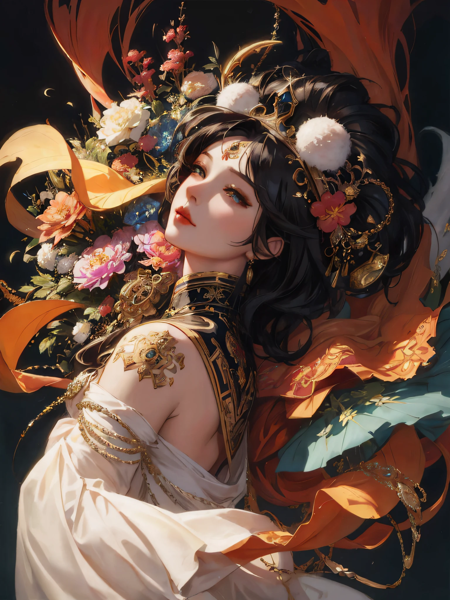 ภาพระยะใกล้ของผู้หญิงที่มีเครื่องประดับศีรษะขนาดใหญ่และดอกไม้, artwork in the style of กูเวซ, โดย Yang J, ภาพวาดตัวละครที่สวยงาม, อัลฟองเซ่ มูยา และรอสส์ดรอว์ส, ((จักรพรรดินีแฟนตาซีที่สวยงาม)), จักรพรรดินีแฟนตาซีที่สวยงาม, รอสส์ ทราน 8 ก, กูเวซ, พระราชวัง ， หญิงสาวในชุดฮันฟู, กูเวซ masterpiece