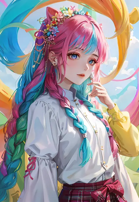 Close-up of a person with long hair and colorful hair, colorful braids, pink double-tailed hair and cyan eyes, anime style 4 K, beautiful anime style, anime girl with cosmic hair, anime art style, young anime girl, beautiful anime art style, anime style. 8...