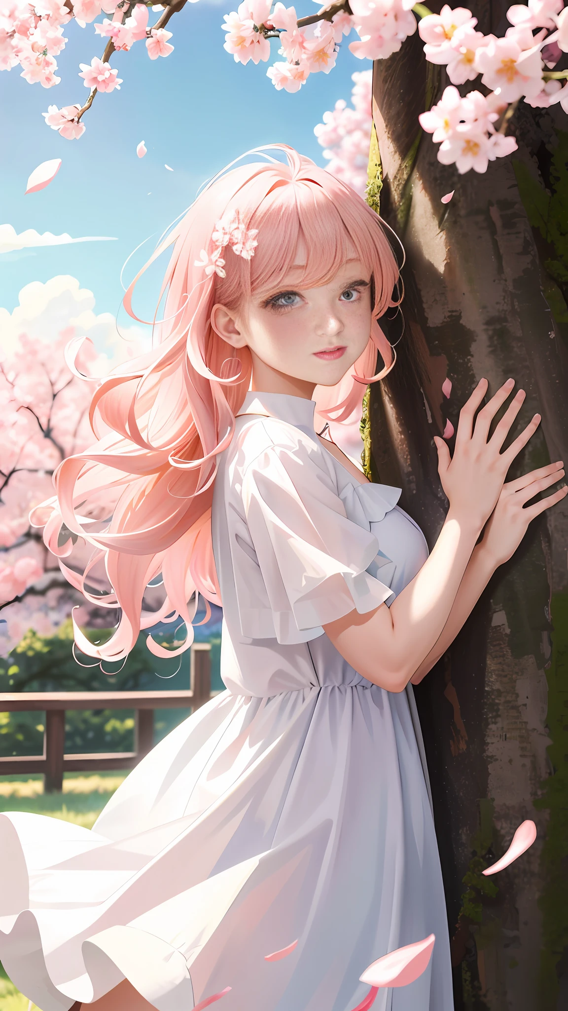 cherry_blossoms, falling_petals, petals, branch, pink_flower, 1girl, blue_sky, spring_\(season\), petals_on_liquid, flower, hanami, dress, Long blond curly hair, solo, day, sky, short_hair, outdoors, cloud, bangs, smile, pink_eyes, white_dress, bare_shoulders, earrings, breasts, holding_flower, wind, tree, looking_at_viewer,cowboy shot,