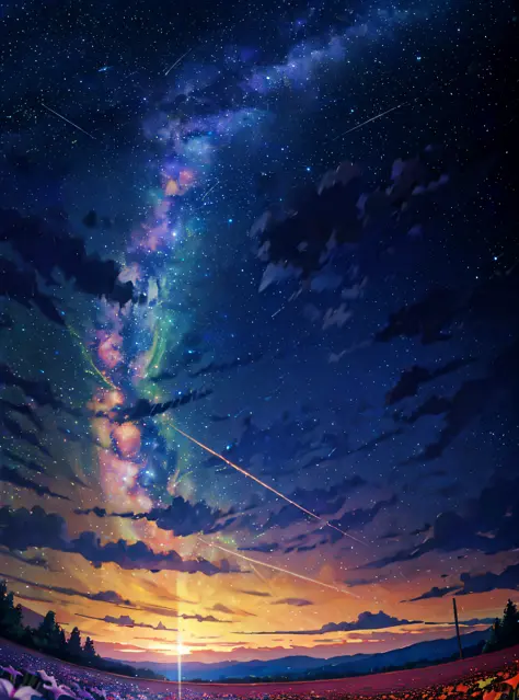 (zoomed out:1.1), (meteor shower:1.2), (comet:1.1), low angle, aroura borealis, shooting star, best quality, masterpiece, cloud,...