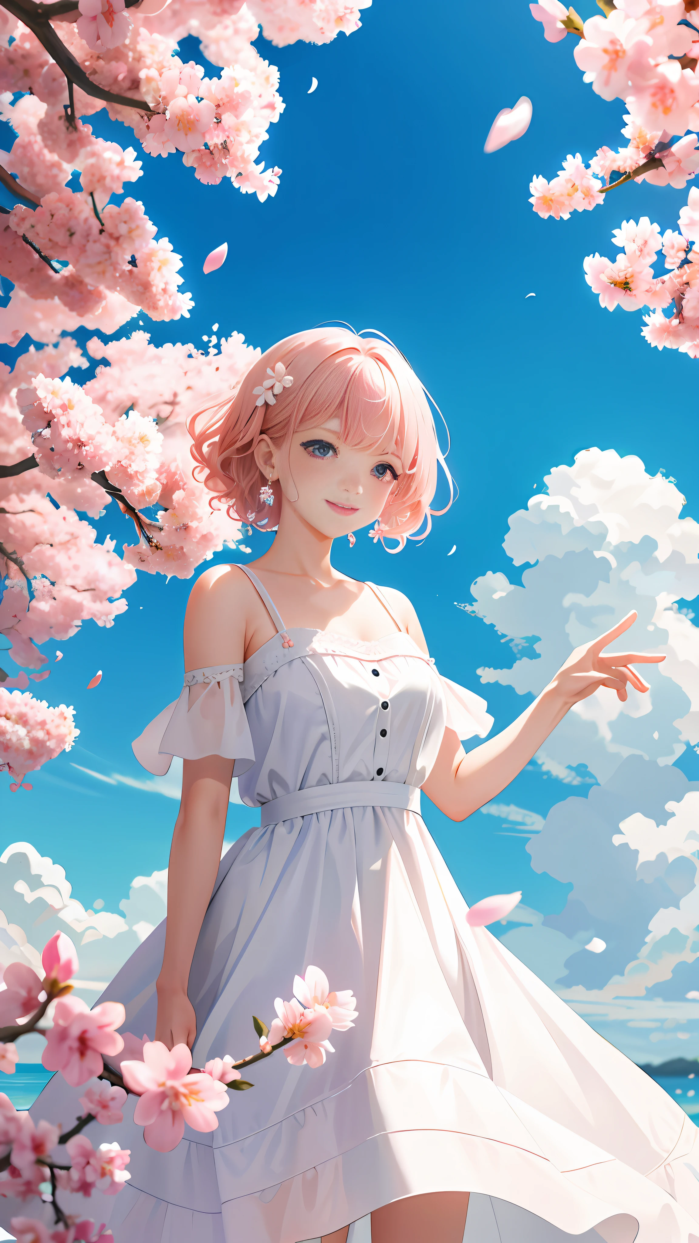 cherry_blossoms, falling_petals, petals, branch, pink_flower, 1girl, blue_sky, spring_\(season\), petals_on_liquid, flower, hanami, dress, Long blond curly hair, solo, day, sky, short_hair, outdoors, cloud, bangs, smile, pink_eyes, white_dress, bare_shoulders, earrings, breasts, holding_flower, wind, tree, looking_at_viewer,cowboy shot,