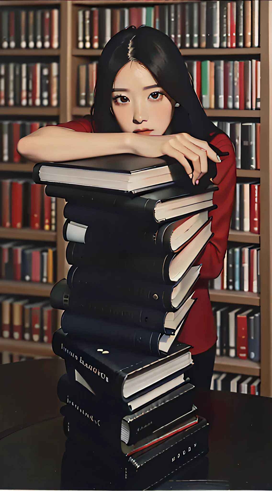 Polaroid black tone low key film, masterpiece, best quality, 1Lady, intelligent reading office lady, red background, Beautiful 5fingers holding a book, Arafi woman leaning against a pile of books in library, red shirt, in library, book portrait, pile of books --auto --s2