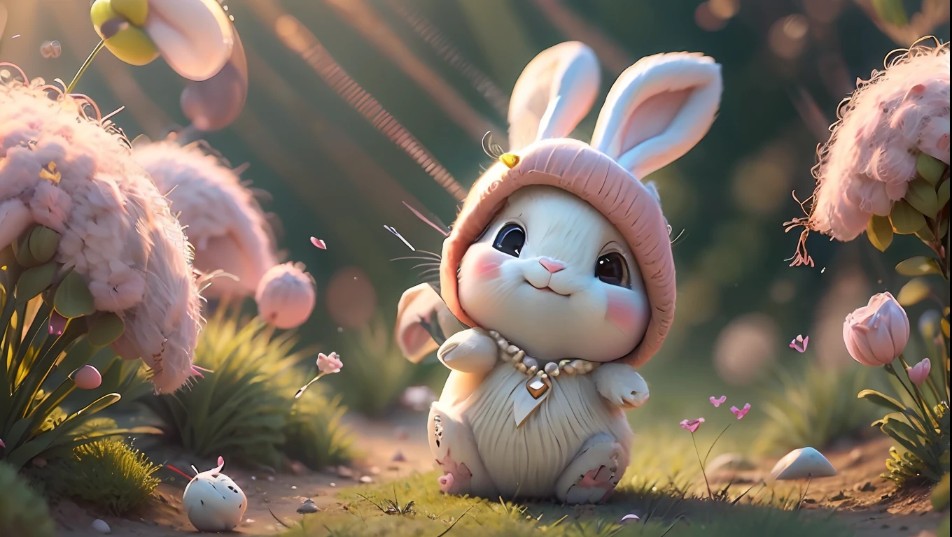 Cute rabbit dancer, is a non-human character, white bandages, pink faux pearl necklace, dancing in long grass, rabbit ears fluttering in the wind, bright smile in the sun, soft and delicate light and shadow, dark background highlighting rabbit, pastel style style filter.