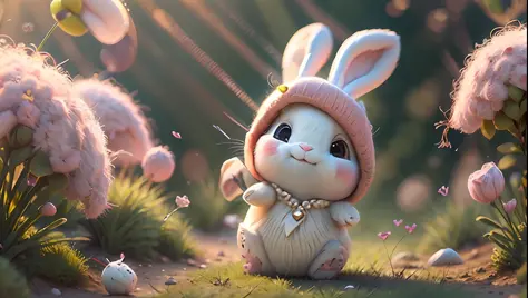 Cute rabbit dancer, is a non-human character, white bandages, pink faux pearl necklace, dancing in long grass, rabbit ears flutt...
