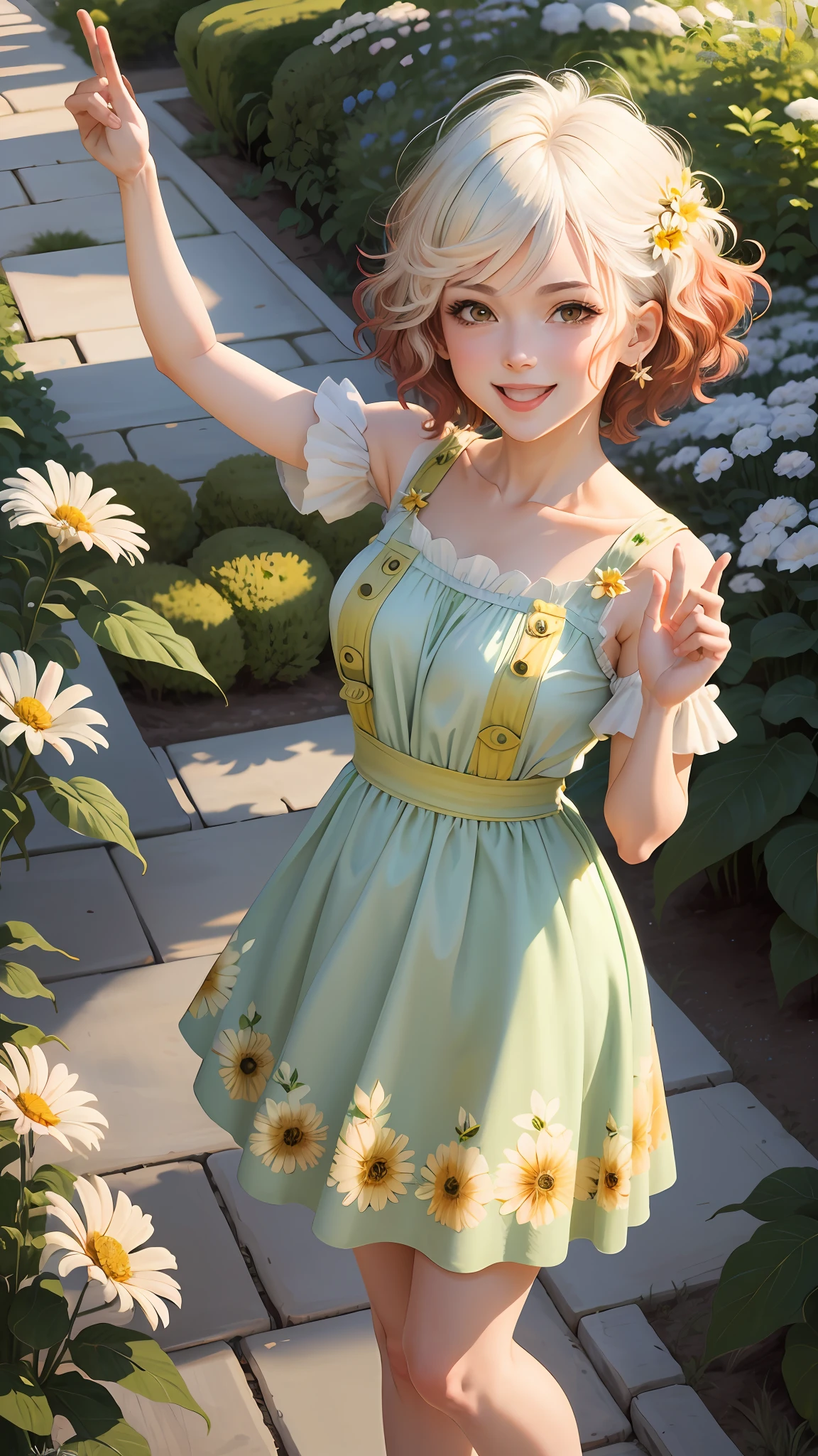 masterpiece, best quality, absurdres, perfect antomy, 1girl, solo, PascalTales, short hair, beautiful, cheerful, sunny day, botanical garden, summer breeze, sundress, floral pattern, wavy hair, smiling