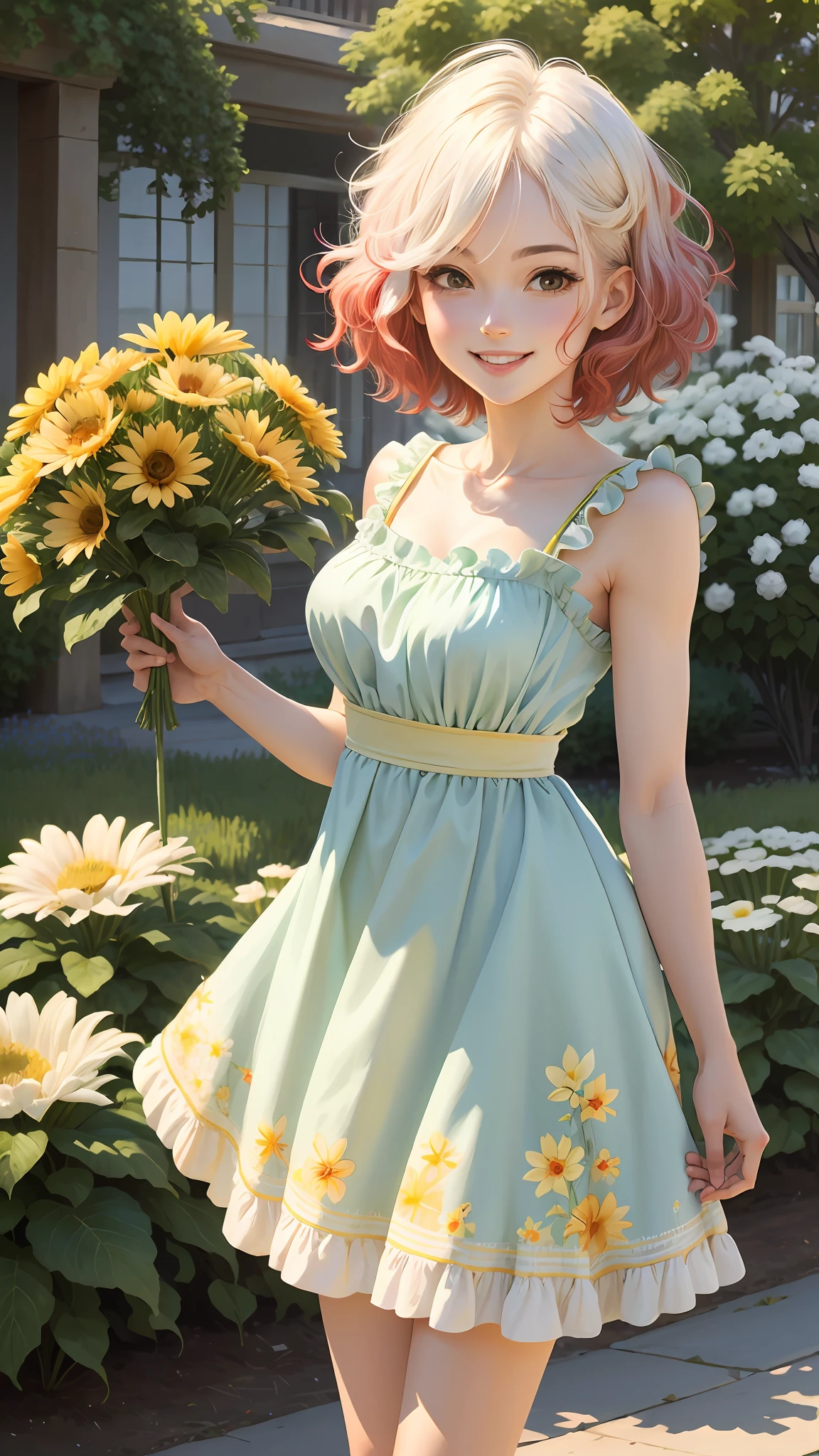 masterpiece, best quality, absurdres, perfect antomy, 1girl, solo, PascalTales, short hair, beautiful, cheerful, sunny day, botanical garden, summer breeze, sundress, floral pattern, wavy hair, smiling