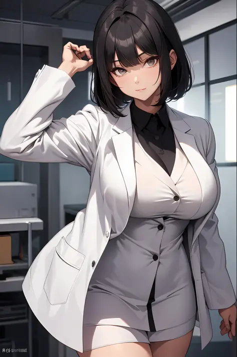 Big, big, perfect body, outstanding style, female doctor, lab coat, emphasis on breasts, arms behind, erotic expression, estrus face, bob, black hair, bangs, infirmary