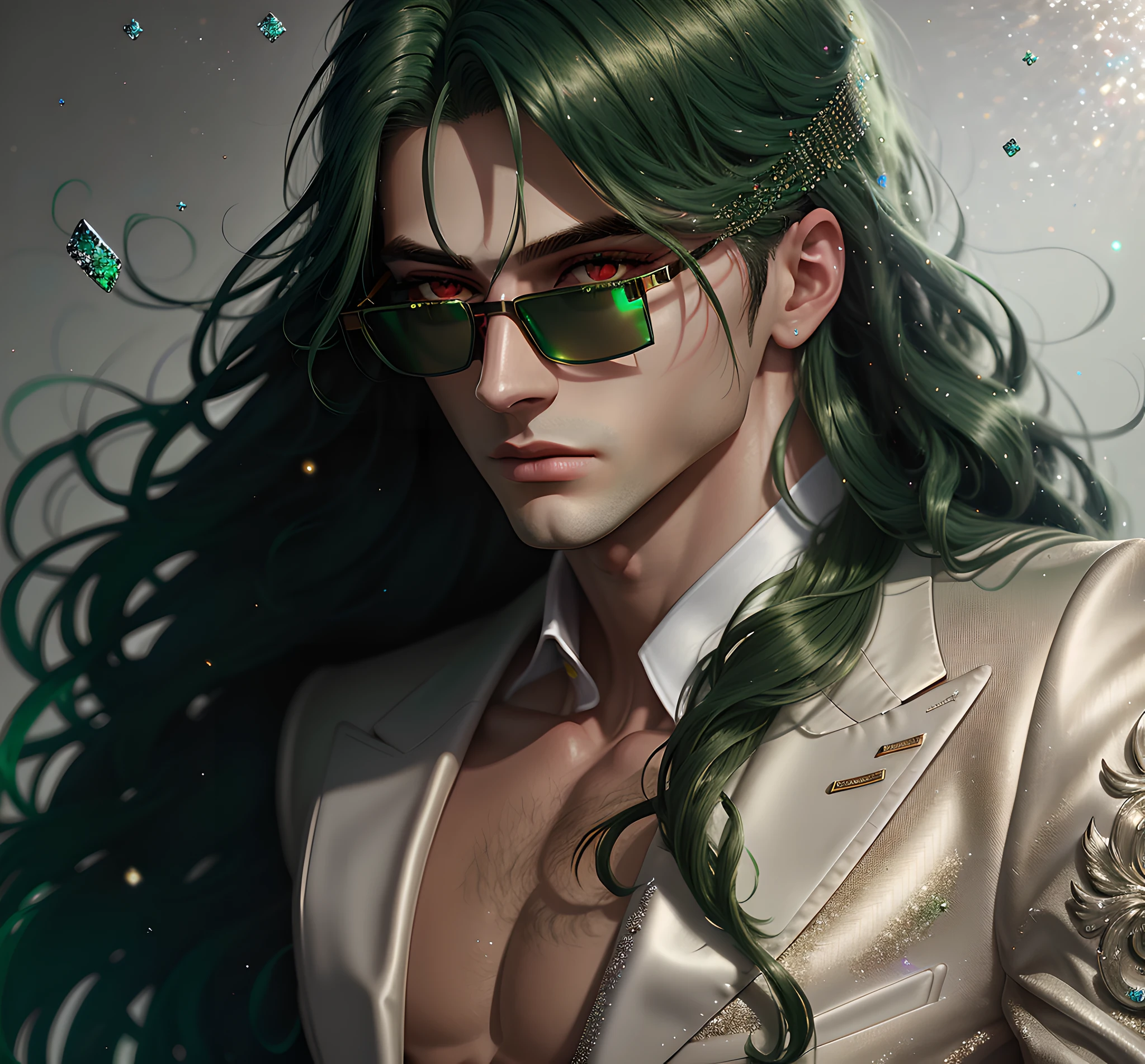 masterpiece, highest quality, (perfect full face:1.5), (high detail:1.1), long straight green hair, soft hair, glasses, (hyper detailed red eyes), solo ,1guy, long hair, luxury suit, photoshootset detailed background, 32k, covered navel, full lips, curvy guy, perfectly drawn face, cinematic lighting, white and green tetradic colors, balenciaga, glitter
