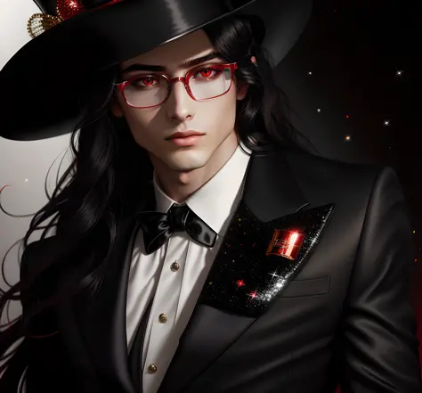 masterpiece, highest quality, (perfect full face:1.5), (high detail:1.1), long straight black hair, soft hair, rounded glasses, top hat, (hyper detailed red eyes), solo ,1guy, long hair, luxury suit, photoshootset detailed background, 32k, covered navel, f...